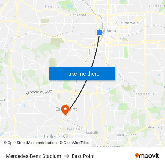 Mercedes-Benz Stadium to East Point map