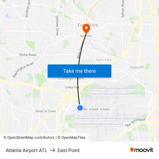 Atlanta Airport ATL to East Point map