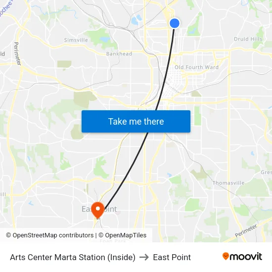 Arts Center Marta Station (Inside) to East Point map
