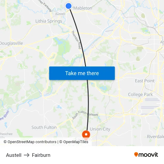 Austell to Fairburn map