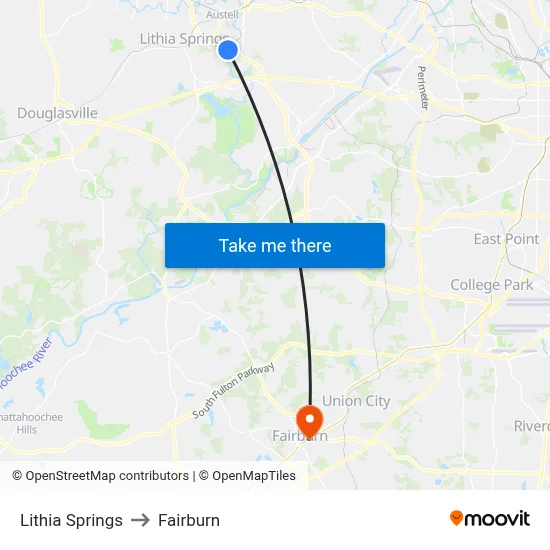 Lithia Springs to Fairburn map