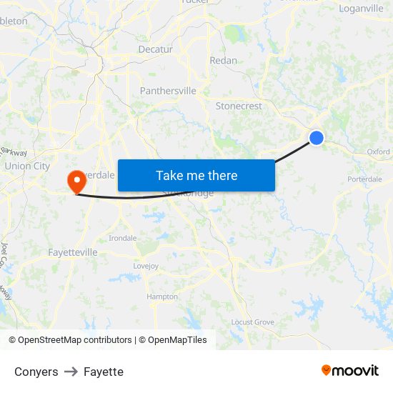 Conyers to Fayette map