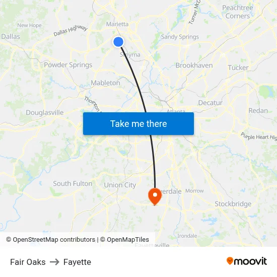 Fair Oaks to Fayette map