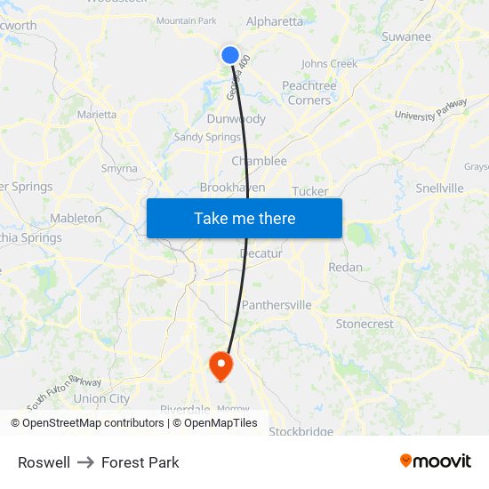 Roswell to Forest Park map