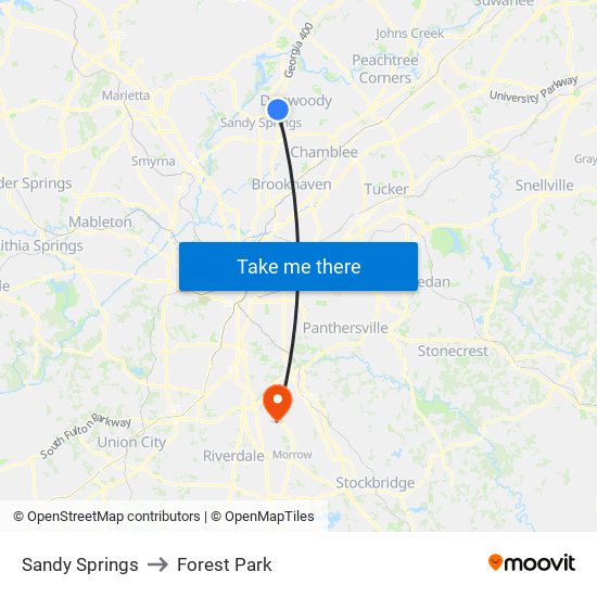Sandy Springs to Forest Park map