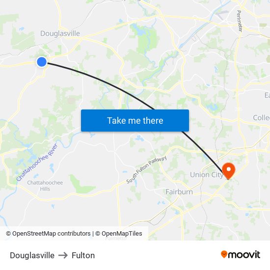 Douglasville to Fulton map