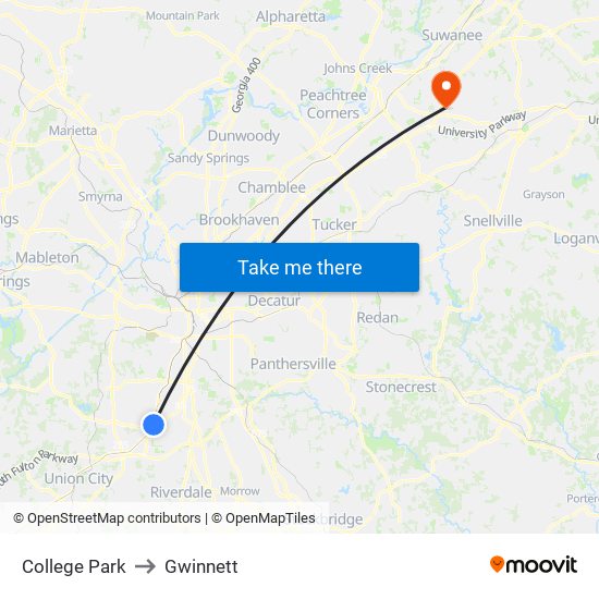 College Park to Gwinnett map