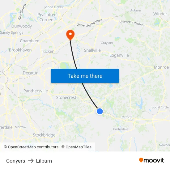 Conyers to Lilburn map