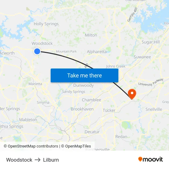 Woodstock to Lilburn map