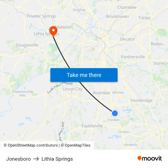 Jonesboro to Lithia Springs map