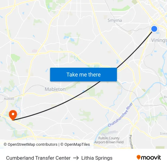 Cumberland Transfer Center to Lithia Springs map