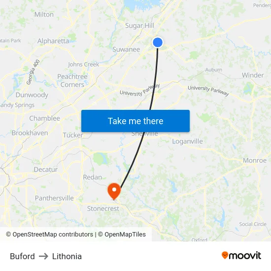 Buford to Lithonia map