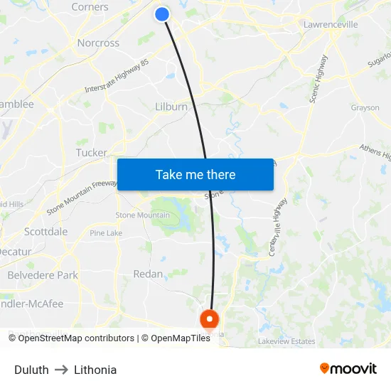 Duluth to Lithonia map