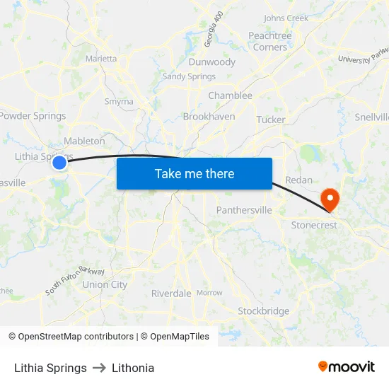 Lithia Springs to Lithonia map