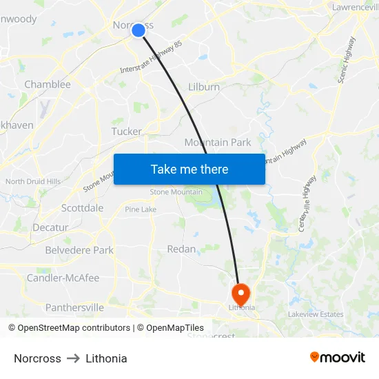 Norcross to Lithonia map