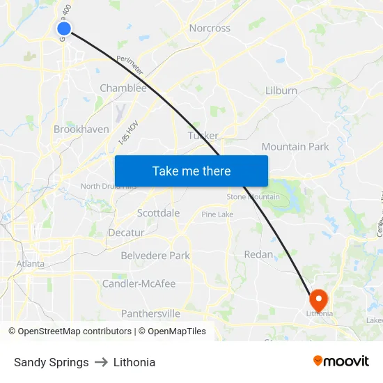 Sandy Springs to Lithonia map
