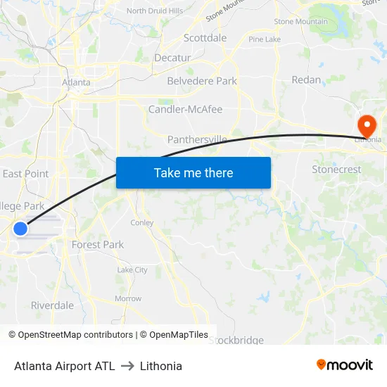 Atlanta Airport ATL to Lithonia map