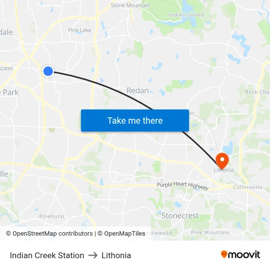 Indian Creek Station to Lithonia map