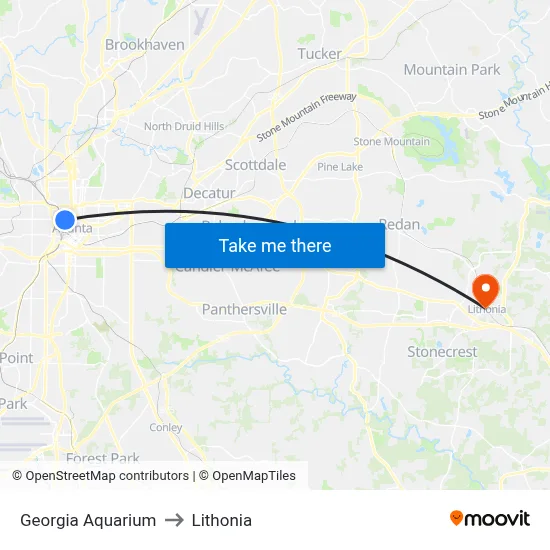 Georgia Aquarium to Lithonia map
