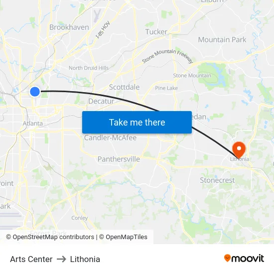 Arts Center to Lithonia map