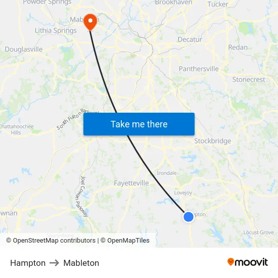 Hampton to Mableton map