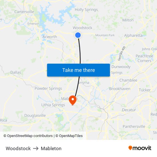 Woodstock to Mableton map