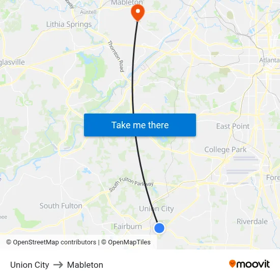 Union City to Mableton map