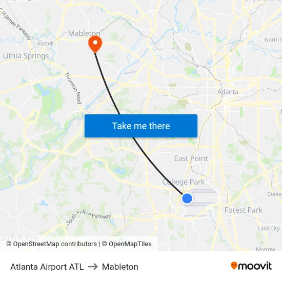Atlanta Airport ATL to Mableton map