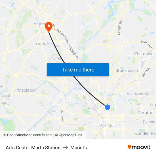 Arts Center Marta Station to Marietta map