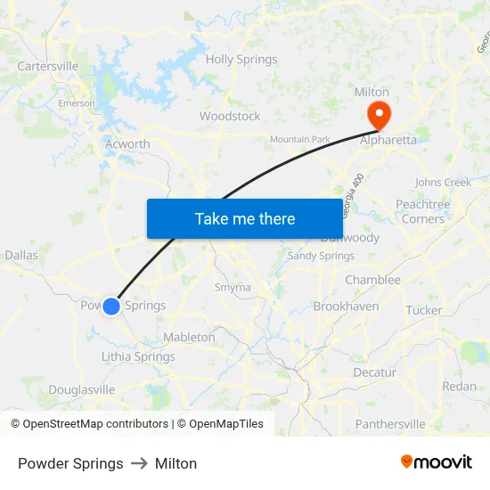 Powder Springs to Milton map
