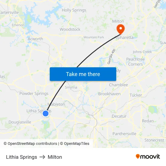 Lithia Springs to Milton map