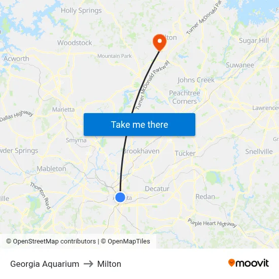Georgia Aquarium to Milton map
