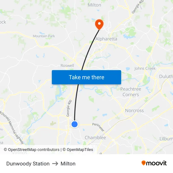 Dunwoody Station to Milton map