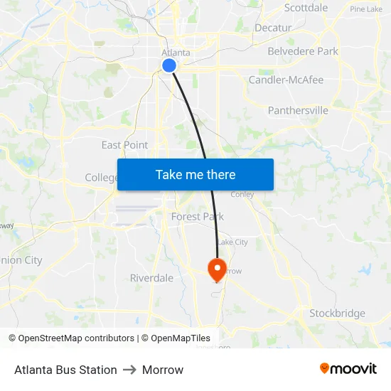 Atlanta Bus Station to Morrow map