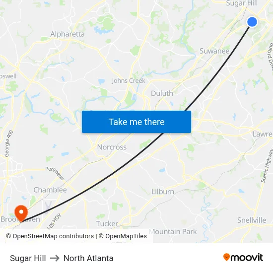 Sugar Hill to North Atlanta map