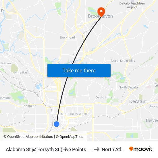 Alabama St @ Forsyth St (Five Points Station) to North Atlanta map