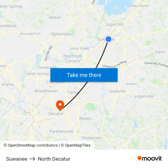 Suwanee to North Decatur map