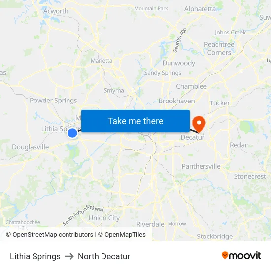 Lithia Springs to North Decatur map
