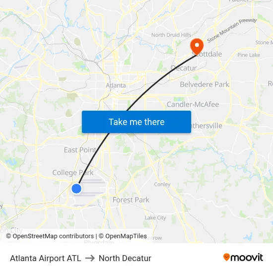 Atlanta Airport ATL to North Decatur map