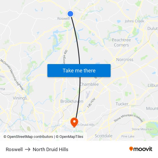 Roswell to North Druid Hills map