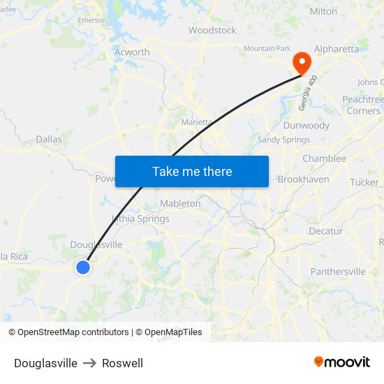 Douglasville to Roswell map