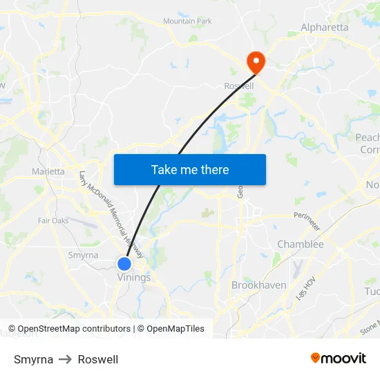 Smyrna to Roswell map