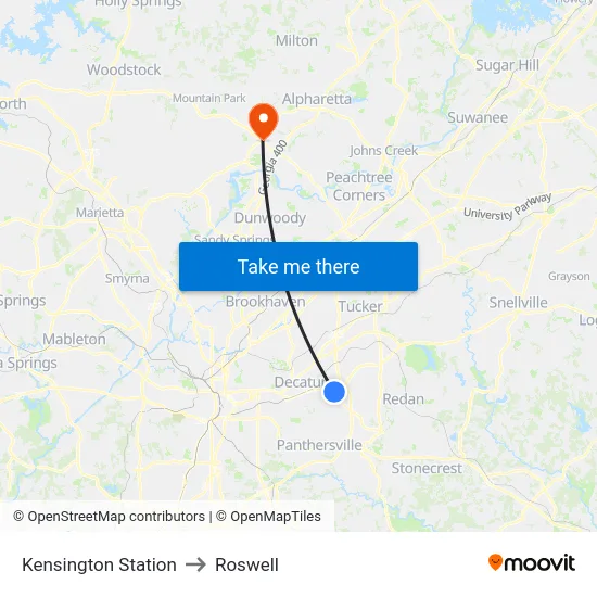 Kensington Station to Roswell map