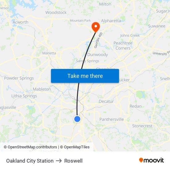 Oakland City Station to Roswell map