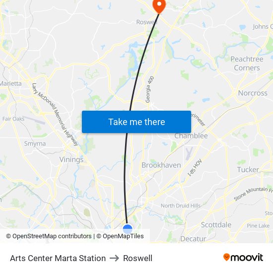 Arts Center Marta Station to Roswell map