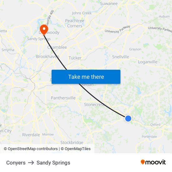 Conyers to Sandy Springs map