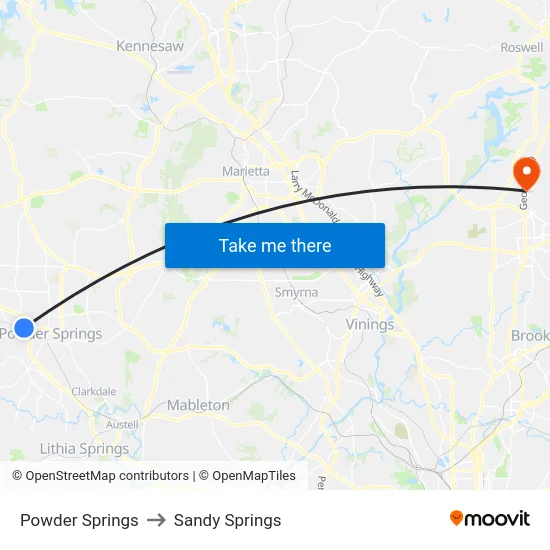 Powder Springs to Sandy Springs map