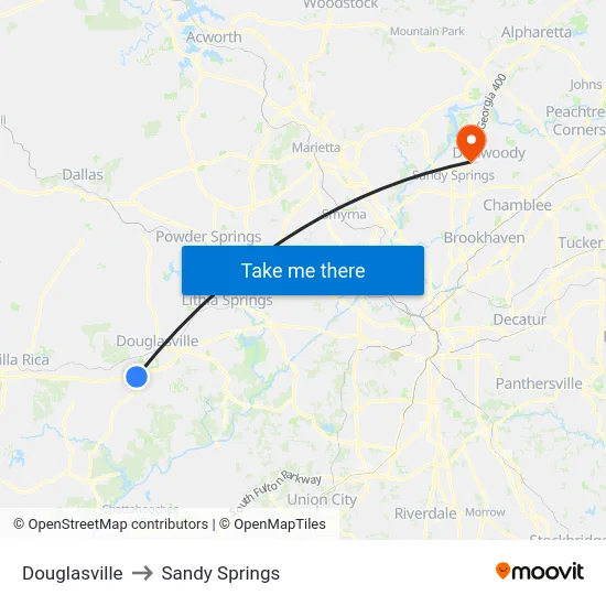 Douglasville to Sandy Springs map