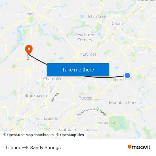 Lilburn to Sandy Springs map
