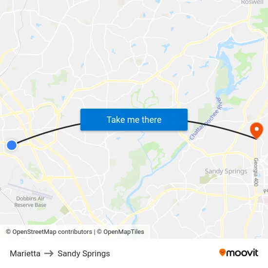 Marietta to Sandy Springs map